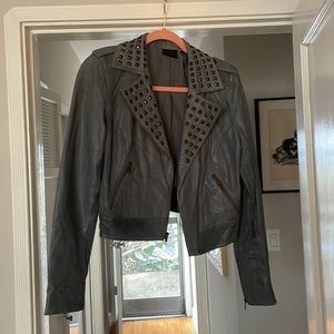 Buttery Soft Blue-Grey Trouve Cropped, Studded Leather Moto Jacket